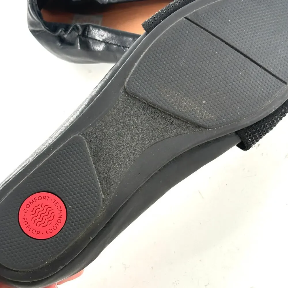 FitFlop Twiss Crystal Ballet Flat 6 Black Leather Fit Flop Comfort Slip On
